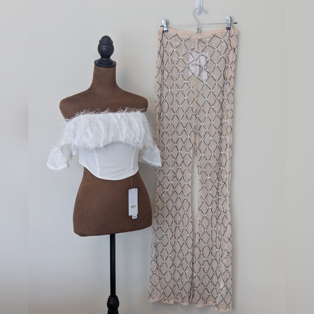 NWT SET ASOS Design Feather Trim Corset Crop Top & Diamante Mesh Flare Pant 6 US - Picture 7 of 11